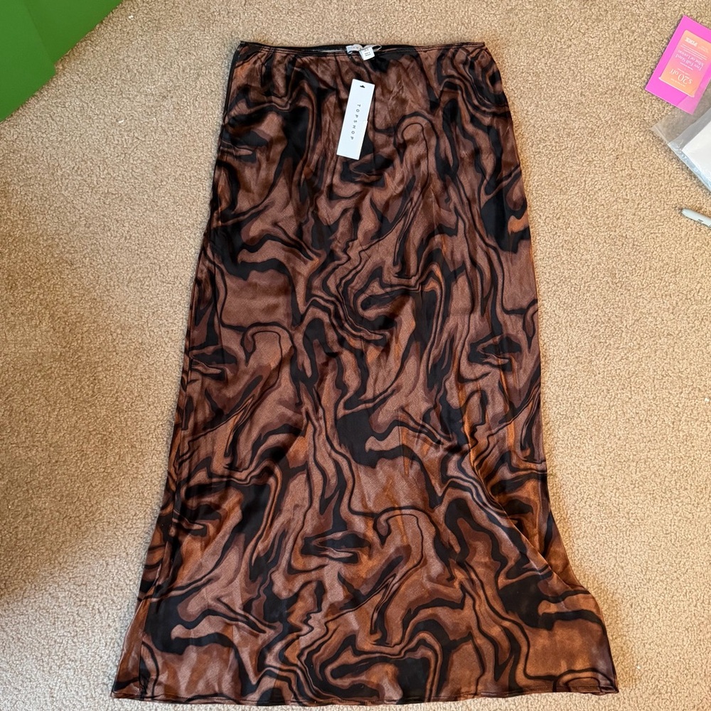 Topshop brown Marble-Print Satin Maxi Skirt